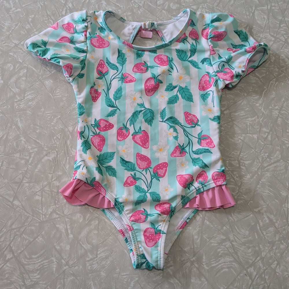 Tommy Bahama Girls 2T Strawberry Stripe One Piece Swimsuit Ruffle Puff Sleeve
